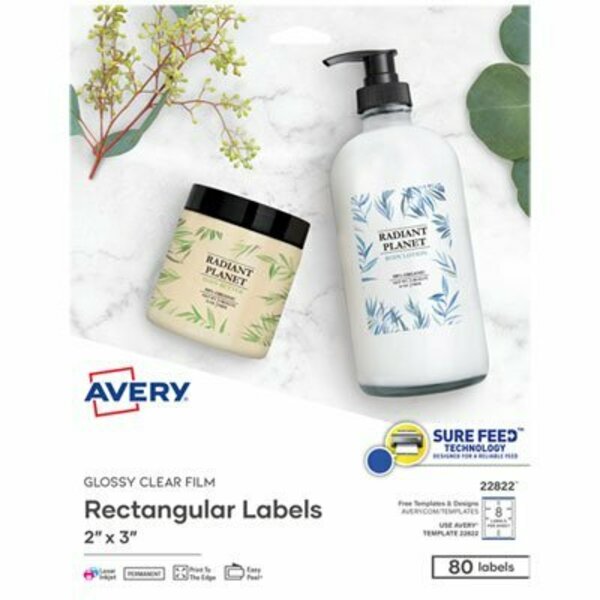 Avery Dennison Avery, PRINT-TO-THE-EDGE LABELS W/ SURE FEED & EASY PEEL, 2 X 3, GLOSSY CLEAR, 80PK 22822